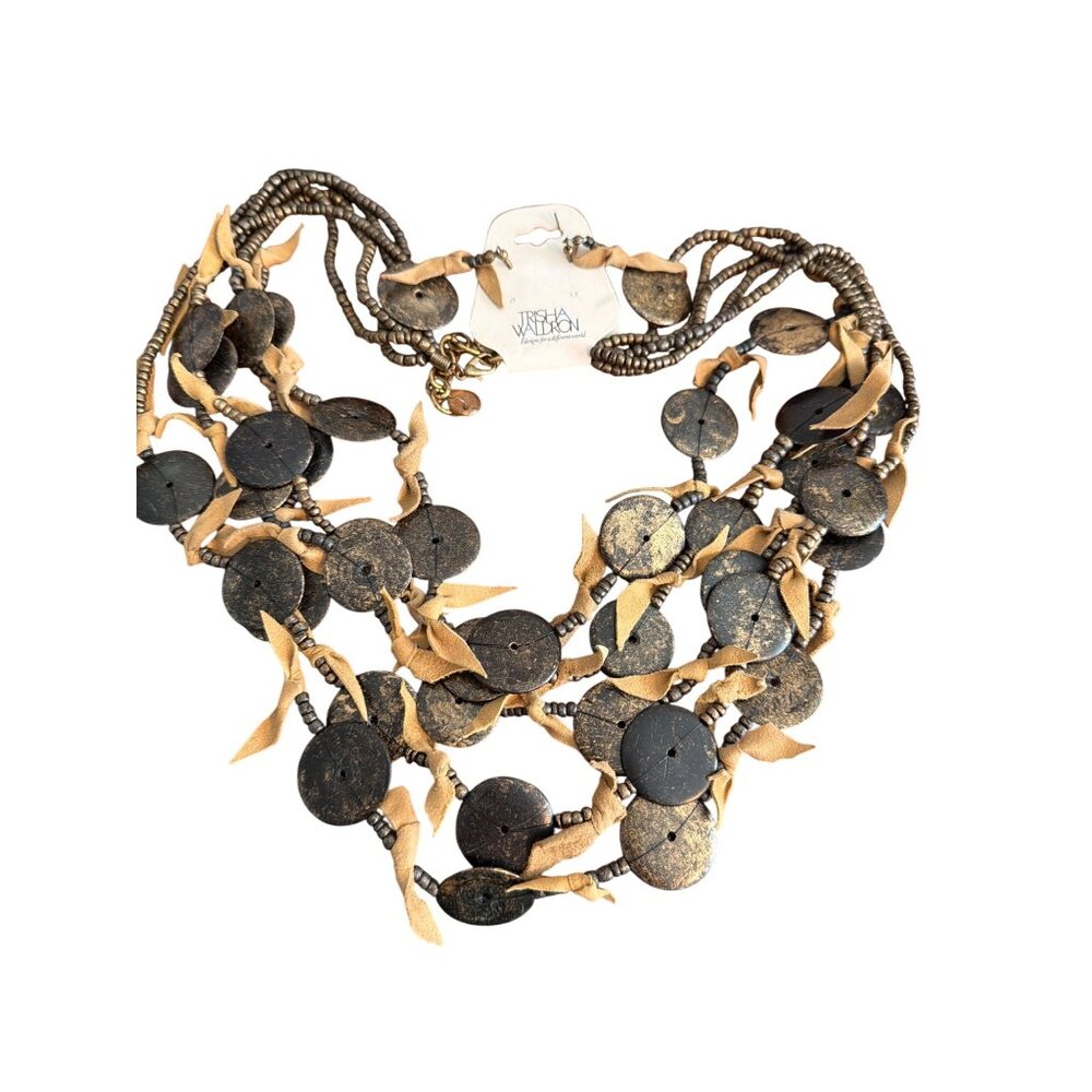 Trisha Waldron Leather & Bead Multistrand Necklace & Earrings Set Round NEW